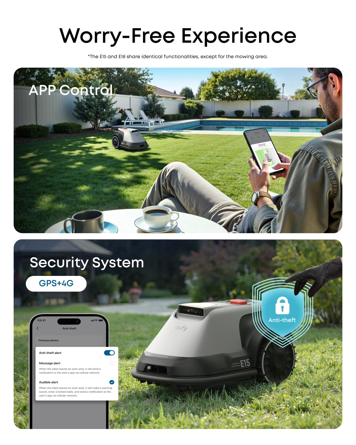 eufy E15 Robot Lawn Mower,Max 0.2 Acres,Wireless Robot Mower with Auto Mapping,Vision Navigation,Multi-Zone Management,Robotic Lawnmower with AI Obstacle Avoidance,APP Control,18°Slope,Cut Height1-3"