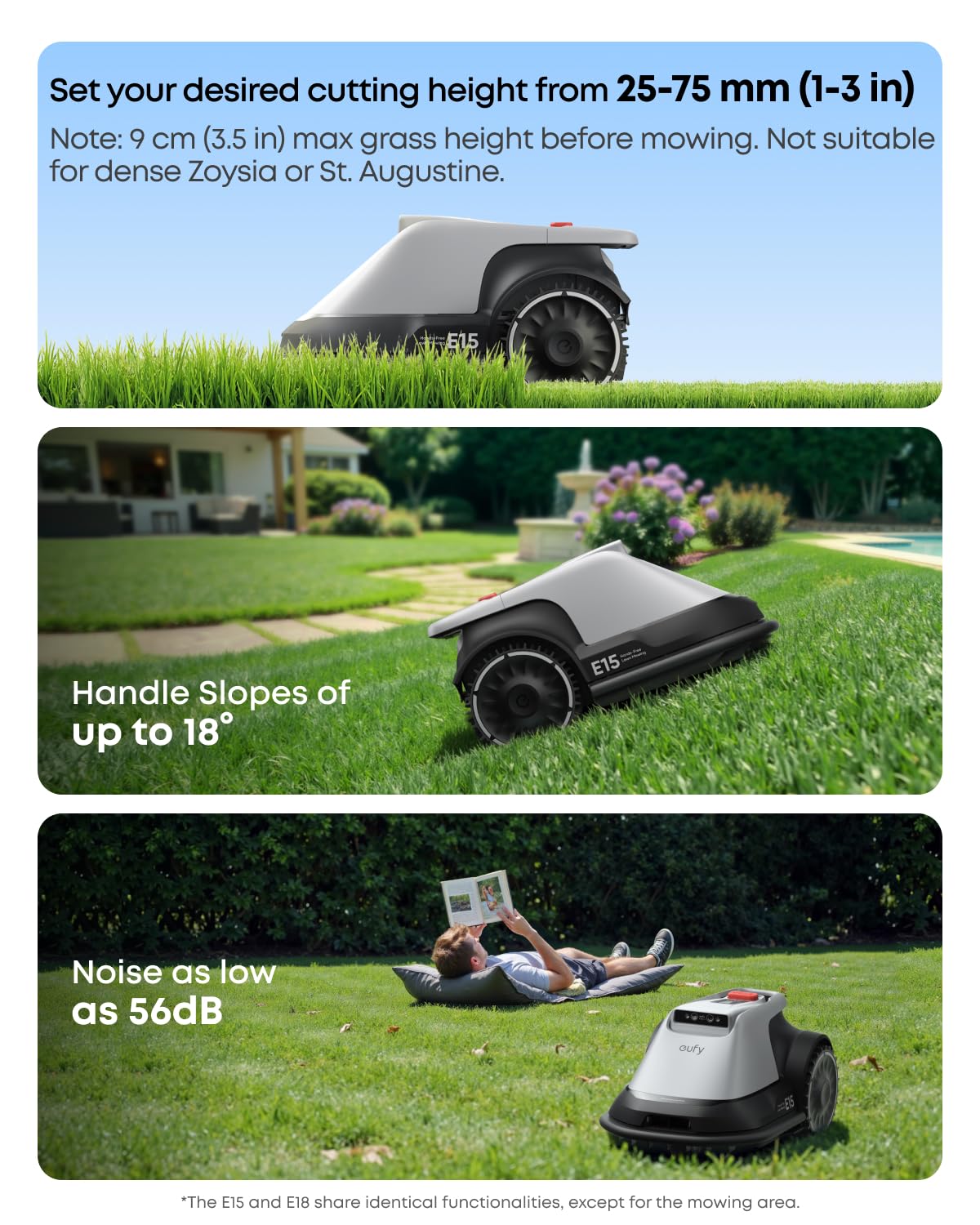 eufy E15 Robot Lawn Mower,Max 0.2 Acres,Wireless Robot Mower with Auto Mapping,Vision Navigation,Multi-Zone Management,Robotic Lawnmower with AI Obstacle Avoidance,APP Control,18°Slope,Cut Height1-3"