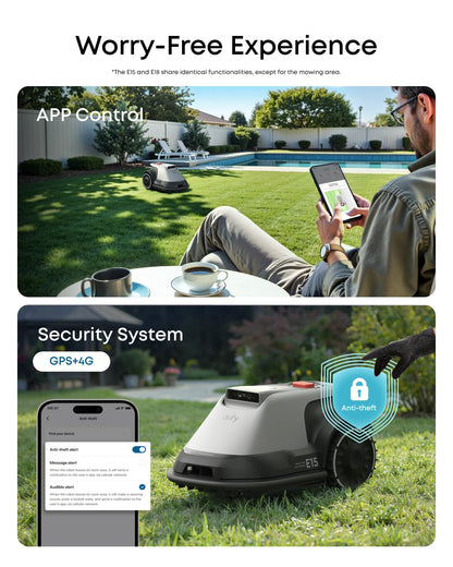 eufy E15 Robot Lawn Mower,Max 0.2 Acres,Wireless Robot Mower with Auto Mapping,Vision Navigation,Multi-Zone Management,Robotic Lawnmower with AI Obstacle Avoidance,APP Control,18°Slope,Cut Height1-3"