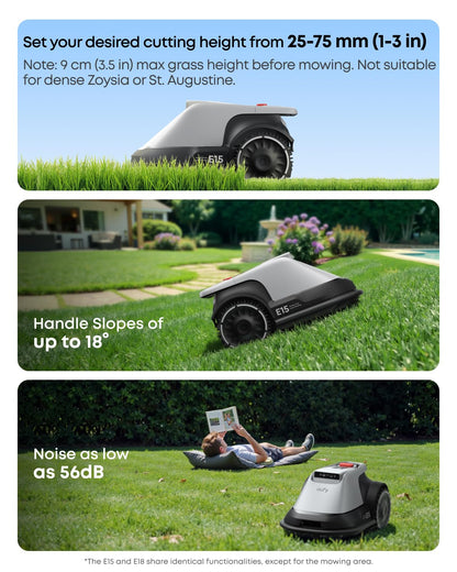 eufy E15 Robot Lawn Mower,Max 0.2 Acres,Wireless Robot Mower with Auto Mapping,Vision Navigation,Multi-Zone Management,Robotic Lawnmower with AI Obstacle Avoidance,APP Control,18°Slope,Cut Height1-3"